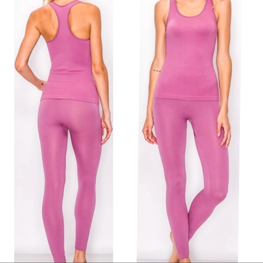 🆕 2pc Hot Pink Ribbed Stretch Leggings & Racerback TankTop Sz LRG  NWT